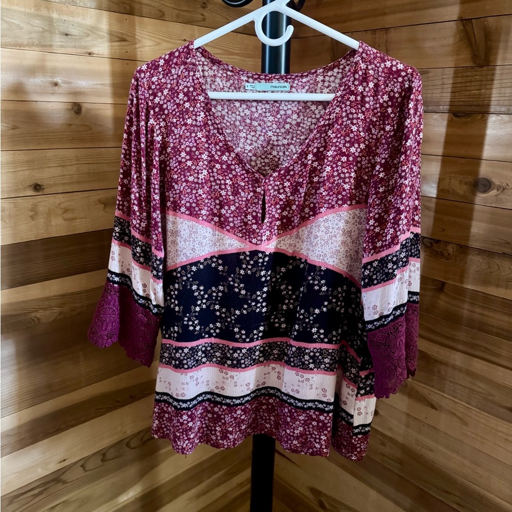 Floral Bell Sleeve Blouse Lace Trim Small Burgundy Peasant Top Bohemian